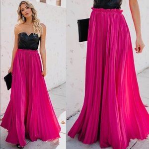 Pop Of Glam Faux Leather Contrast Pleated Maxi Dress - Fuchsia - Large